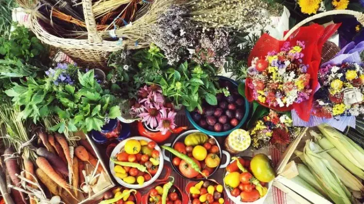 Eine reiche Auswahl an frischen Bauernhofprodukten, darunter verschiedene Gemüsesorten, Beeren, Blumensträuße und Kräuter, kunstvoll arrangiert in Schalen und Körben.