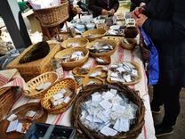 People look at seed packets presented in various baskets on a table.